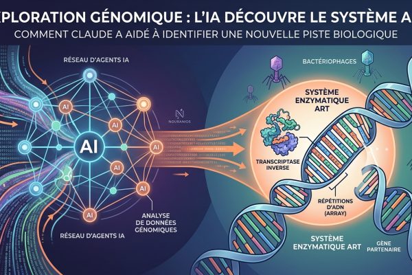 Illustration infographique de la découverte du système enzymatique ART par l'intelligence artificielle Claude d'Anthropic