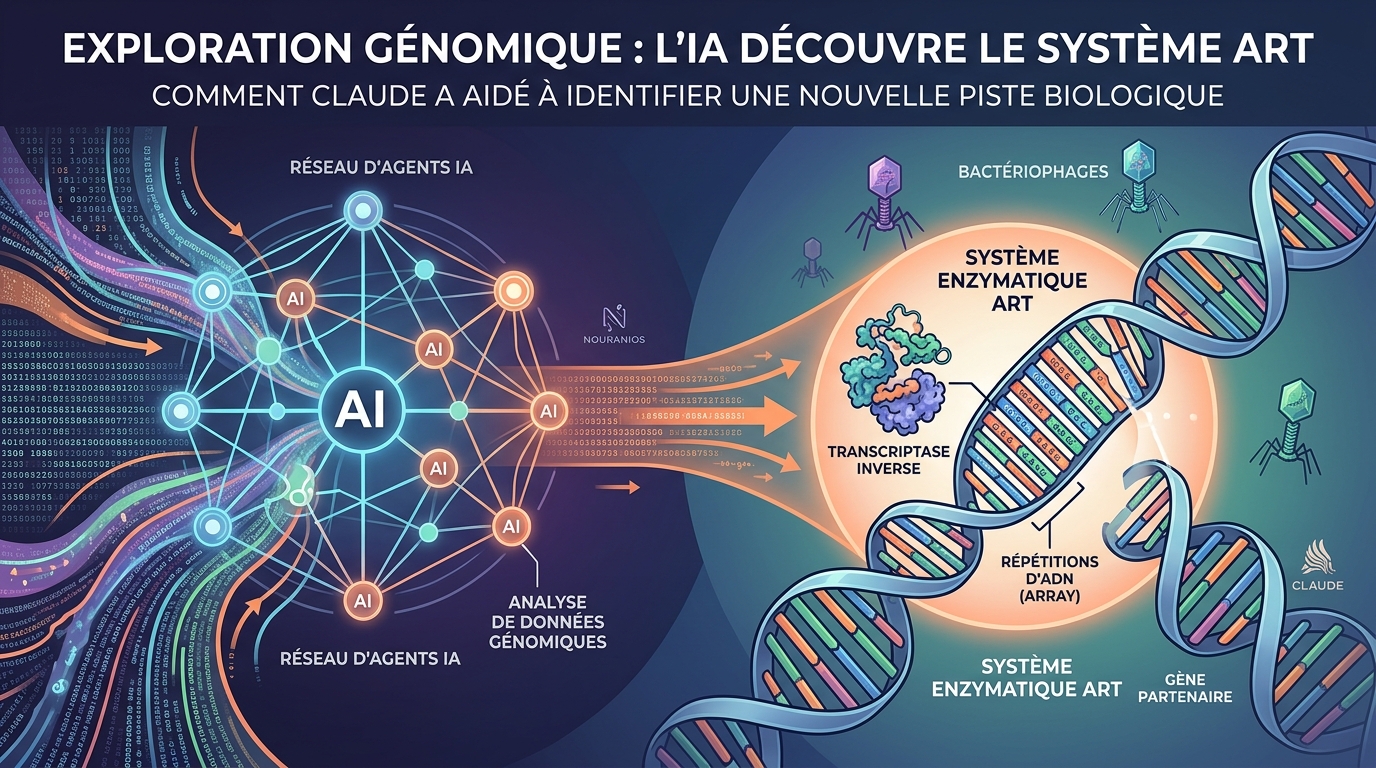 Illustration infographique de la découverte du système enzymatique ART par l'intelligence artificielle Claude d'Anthropic